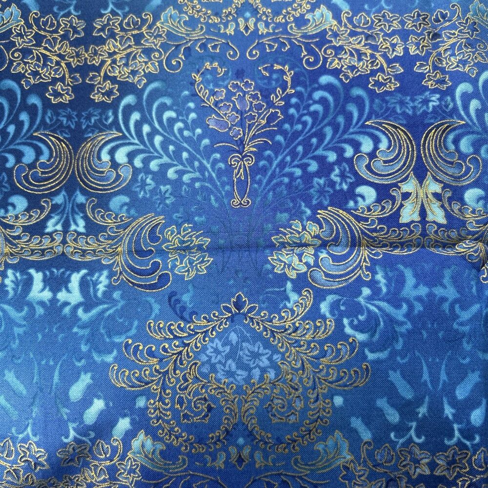 Robert Kaufman Fusions Blue Gold Floral Print Cotton Quilting Fabric 26" X 44"